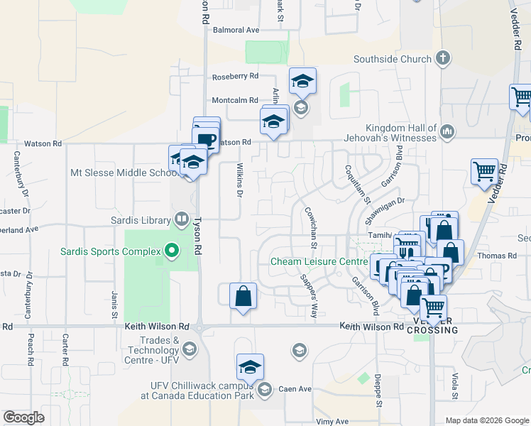 map of restaurants, bars, coffee shops, grocery stores, and more near 5837 Sappers' Way in Chilliwack