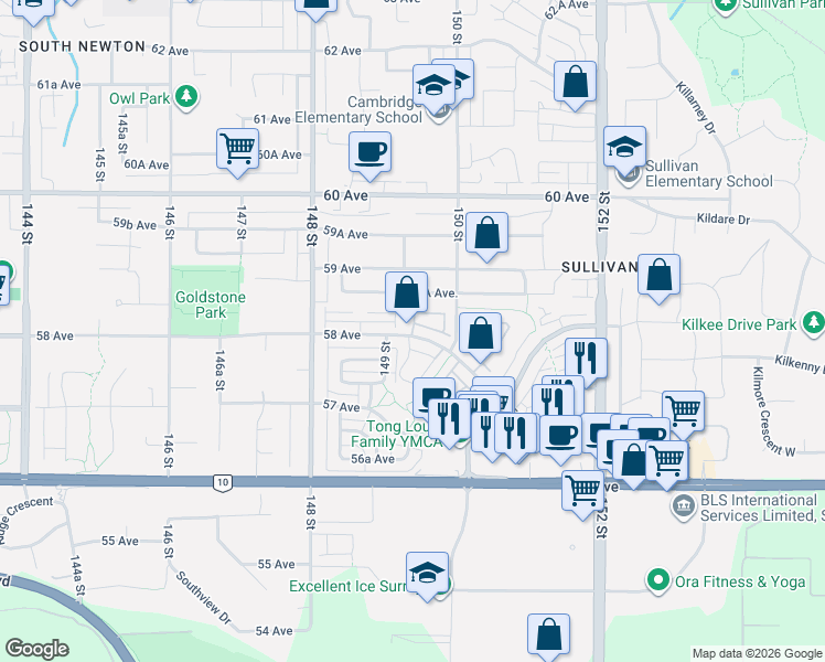 map of restaurants, bars, coffee shops, grocery stores, and more near in Surrey
