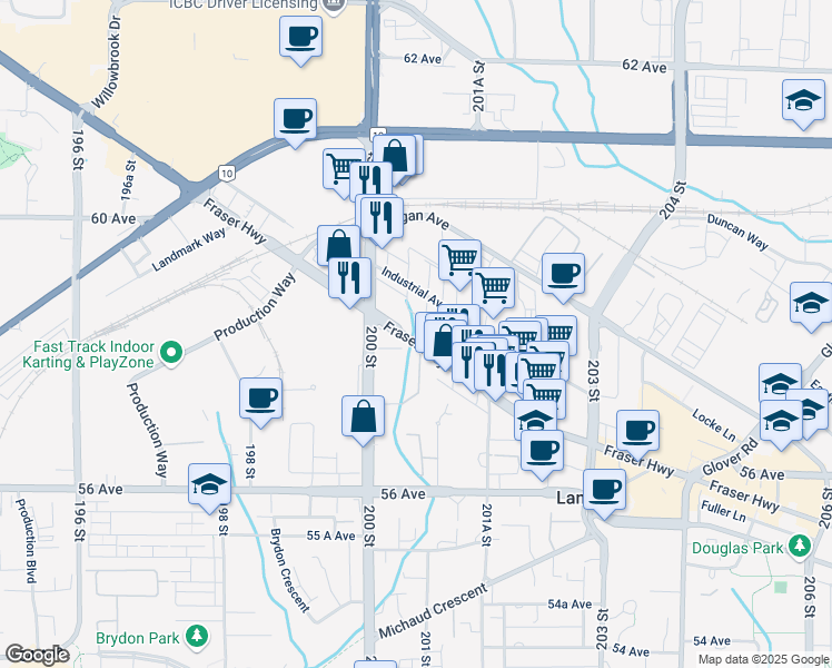map of restaurants, bars, coffee shops, grocery stores, and more near 20061 Fraser Highway in Langley