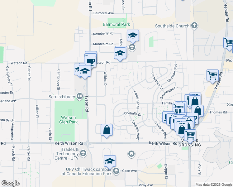 map of restaurants, bars, coffee shops, grocery stores, and more near in Chilliwack