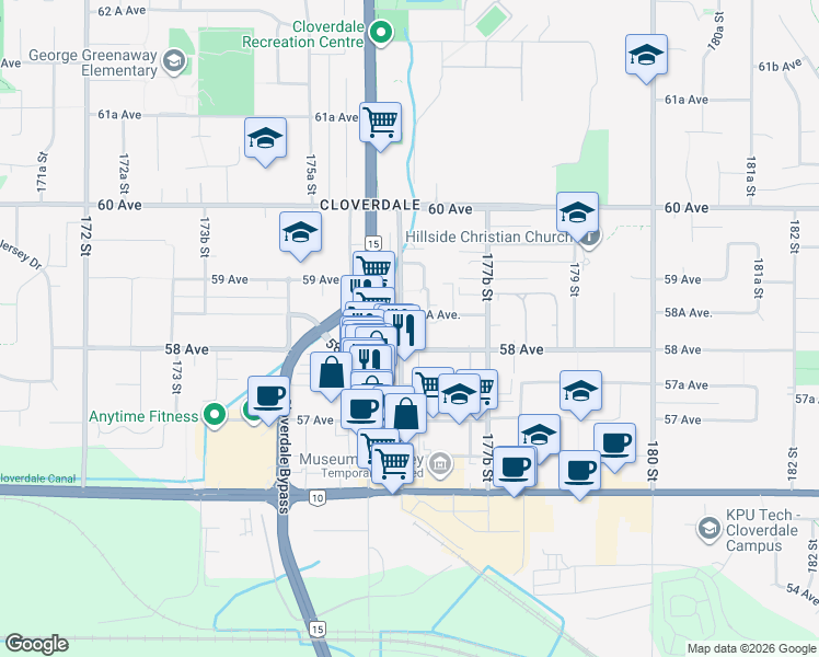 map of restaurants, bars, coffee shops, grocery stores, and more near 5830 176A Street in Surrey