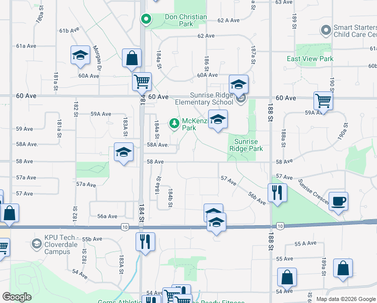 map of restaurants, bars, coffee shops, grocery stores, and more near 5839 185A Street in Surrey
