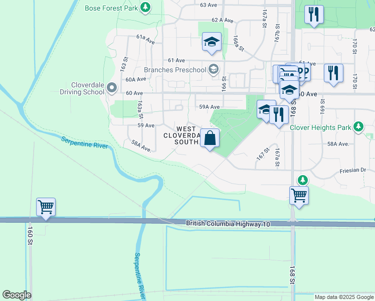 map of restaurants, bars, coffee shops, grocery stores, and more near 16521 58 Avenue in Surrey