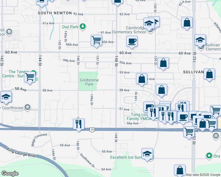 map of restaurants, bars, coffee shops, grocery stores, and more near 14771 58 Avenue in Surrey