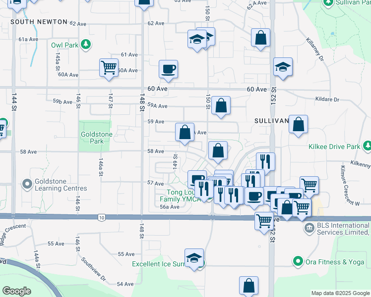 map of restaurants, bars, coffee shops, grocery stores, and more near 14959 58 Avenue in Surrey