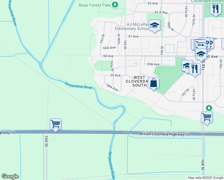 map of restaurants, bars, coffee shops, grocery stores, and more near 16346 58A Avenue in Surrey
