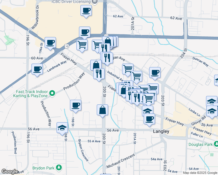 map of restaurants, bars, coffee shops, grocery stores, and more near in Langley