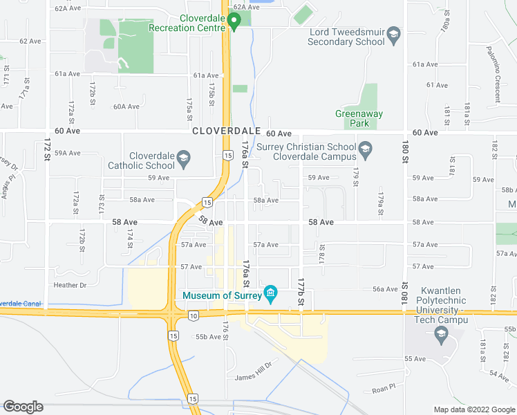 map of restaurants, bars, coffee shops, grocery stores, and more near 17678 58A Avenue in Surrey