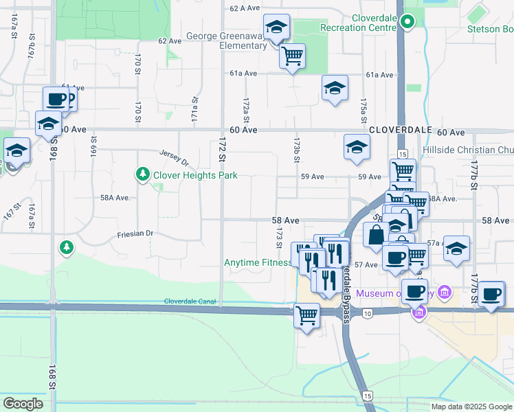 map of restaurants, bars, coffee shops, grocery stores, and more near 5858 172A Street in Surrey