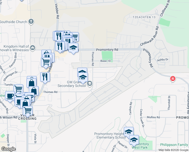 map of restaurants, bars, coffee shops, grocery stores, and more near 46110 Thomas Road in Chilliwack