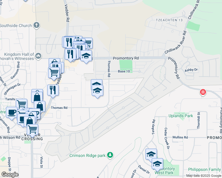 map of restaurants, bars, coffee shops, grocery stores, and more near 46110 Thomas Road in Chilliwack
