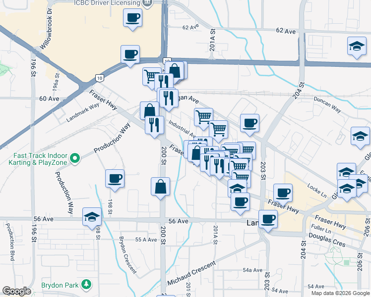 map of restaurants, bars, coffee shops, grocery stores, and more near 20061 Fraser Highway in Langley