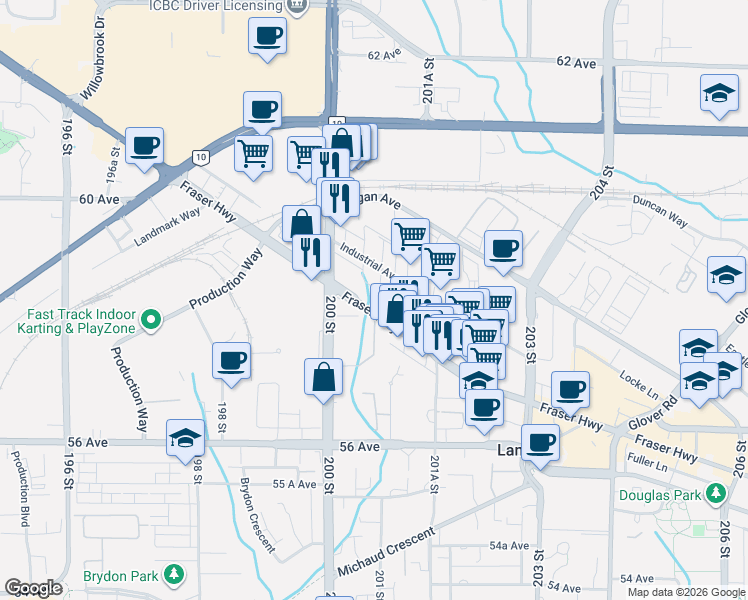 map of restaurants, bars, coffee shops, grocery stores, and more near 20061 Fraser Highway in Langley