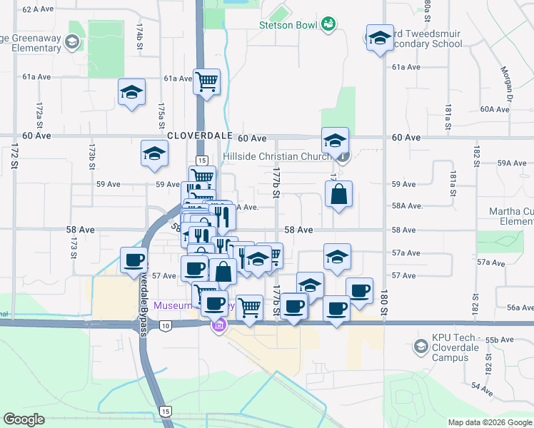 map of restaurants, bars, coffee shops, grocery stores, and more near 17740 58A Avenue in Surrey