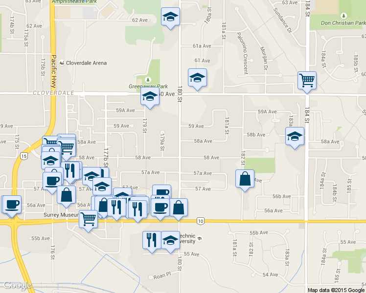 map of restaurants, bars, coffee shops, grocery stores, and more near 5846 180 Street in Surrey