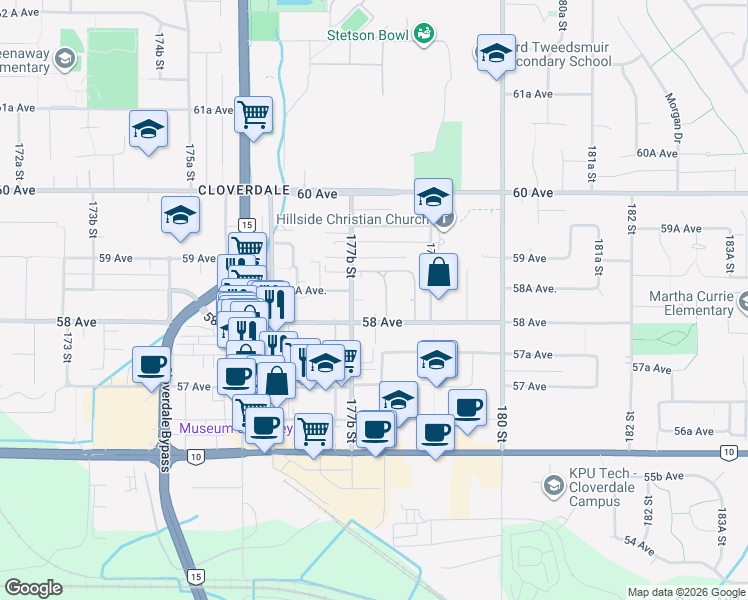 map of restaurants, bars, coffee shops, grocery stores, and more near 5850 177B Street in Surrey