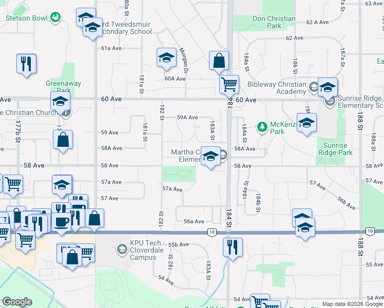 map of restaurants, bars, coffee shops, grocery stores, and more near 18289 58A Avenue in Surrey