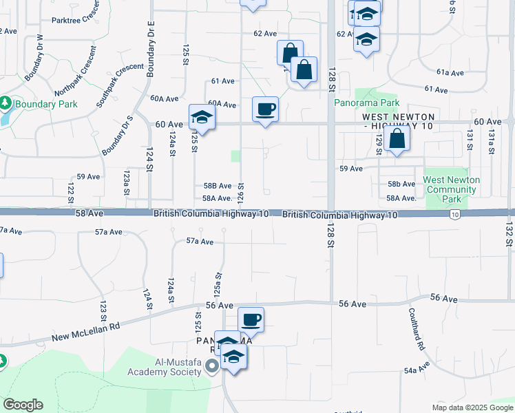map of restaurants, bars, coffee shops, grocery stores, and more near 12647 58 Avenue in Surrey
