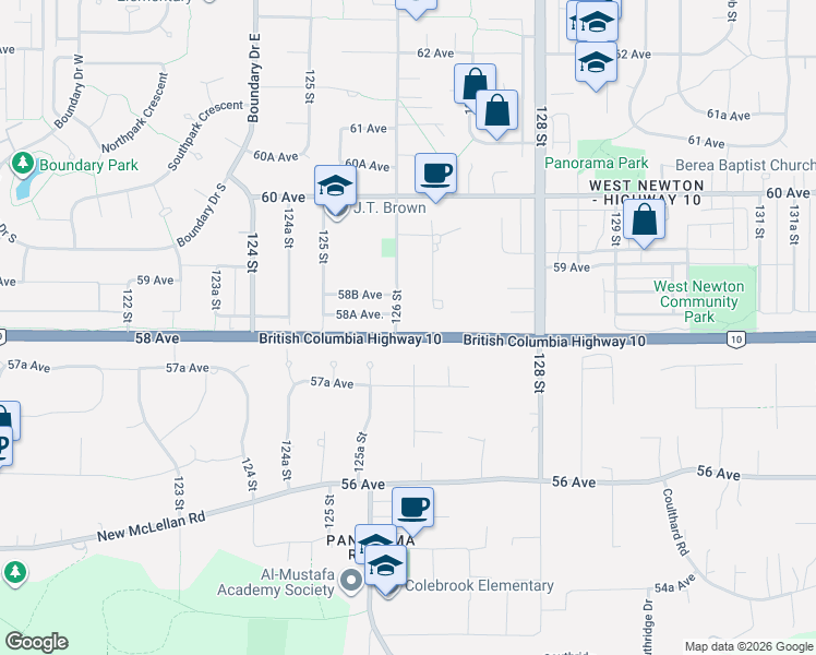 map of restaurants, bars, coffee shops, grocery stores, and more near 12647 British Columbia 10 in Surrey