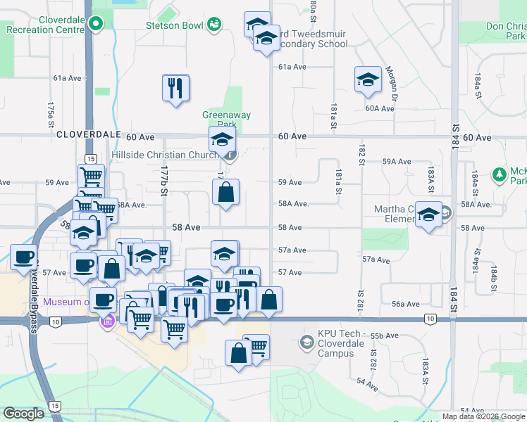 map of restaurants, bars, coffee shops, grocery stores, and more near in Surrey