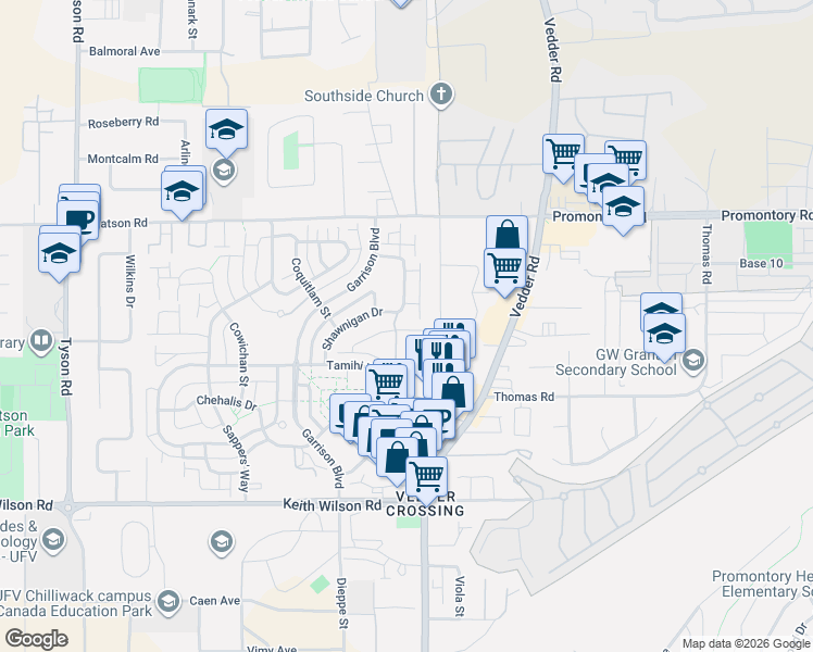 map of restaurants, bars, coffee shops, grocery stores, and more near 58 Shawnigan Crescent in Chilliwack