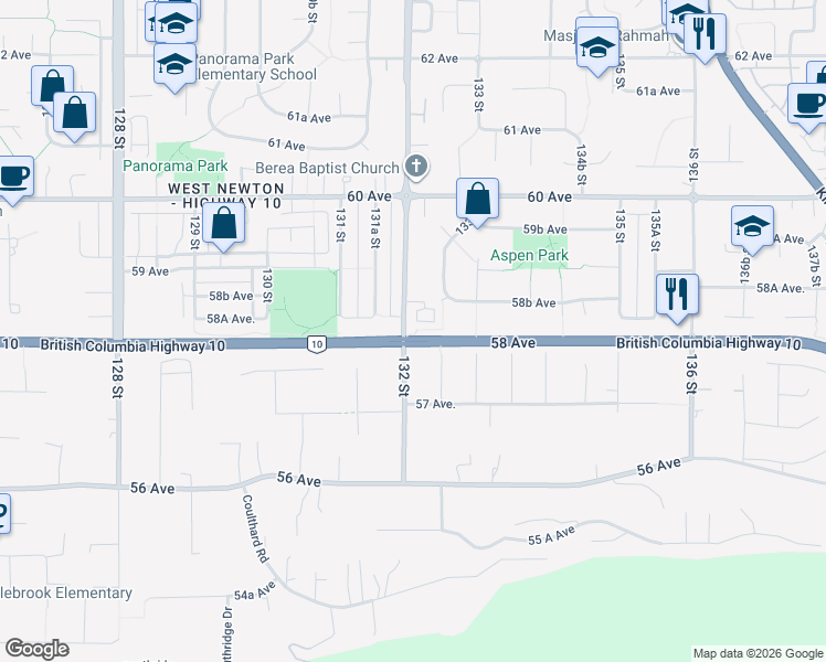 map of restaurants, bars, coffee shops, grocery stores, and more near 5822 132 Street in Surrey