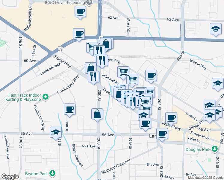 map of restaurants, bars, coffee shops, grocery stores, and more near 20055 Fraser Highway in Langley