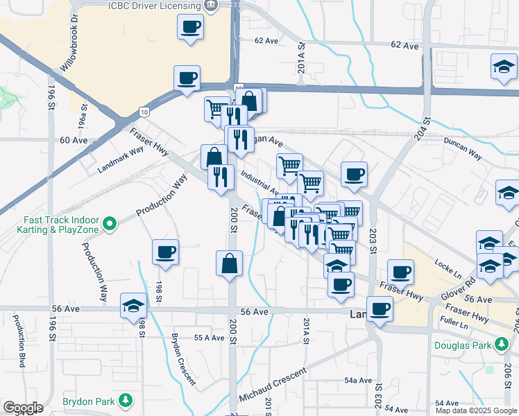 map of restaurants, bars, coffee shops, grocery stores, and more near 20055 Fraser Highway in Langley
