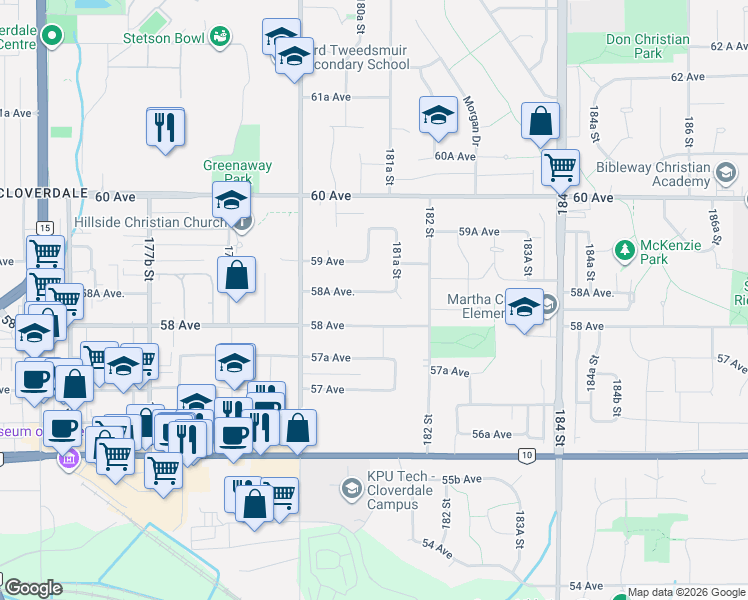 map of restaurants, bars, coffee shops, grocery stores, and more near in Surrey