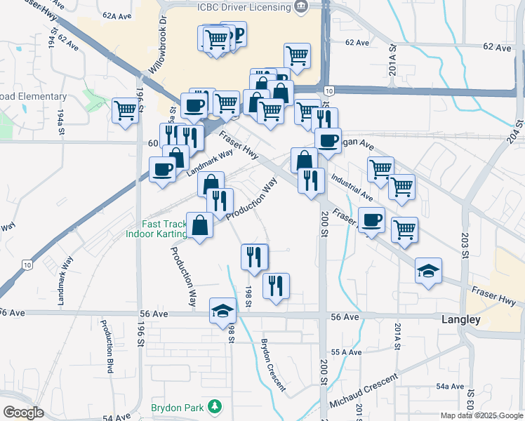 map of restaurants, bars, coffee shops, grocery stores, and more near 5850 Production Way in Langley