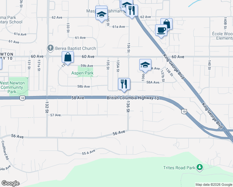 map of restaurants, bars, coffee shops, grocery stores, and more near 13548 58A Avenue in Surrey
