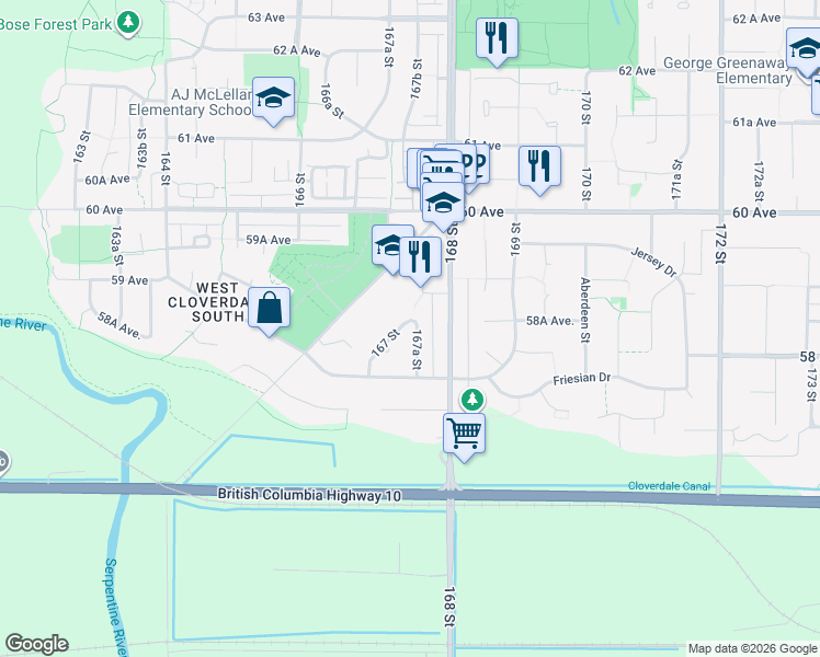 map of restaurants, bars, coffee shops, grocery stores, and more near 5846 167 Street in Surrey