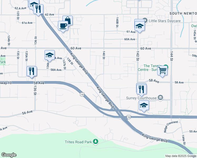 map of restaurants, bars, coffee shops, grocery stores, and more near 13948 58A Avenue in Surrey