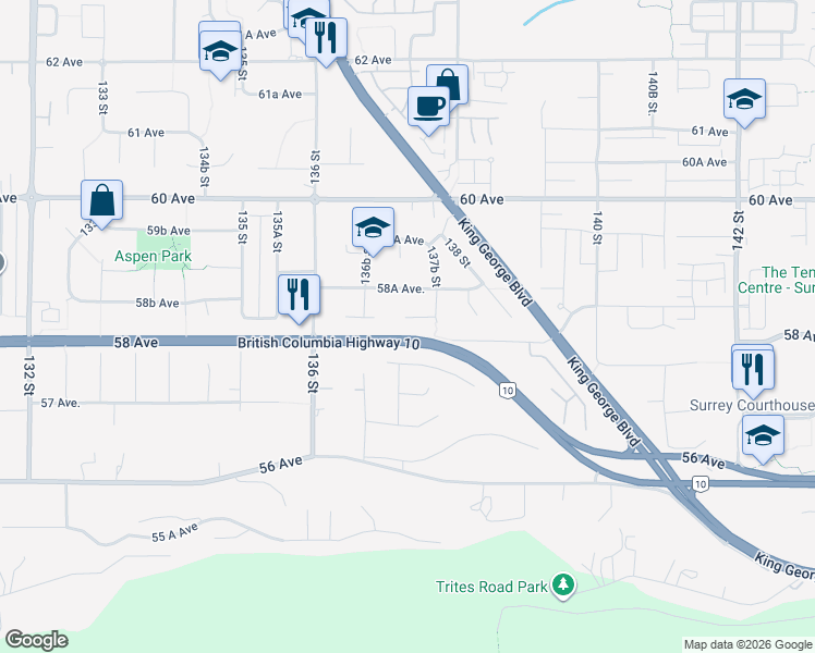 map of restaurants, bars, coffee shops, grocery stores, and more near 13732 58 Avenue in Surrey