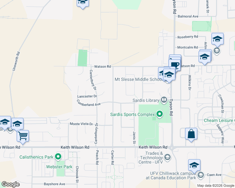 map of restaurants, bars, coffee shops, grocery stores, and more near 5890 Carter Road in Chilliwack
