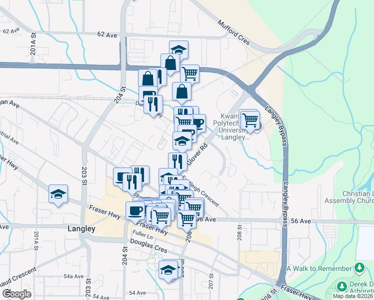 map of restaurants, bars, coffee shops, grocery stores, and more near 5956 206A Street in Langley