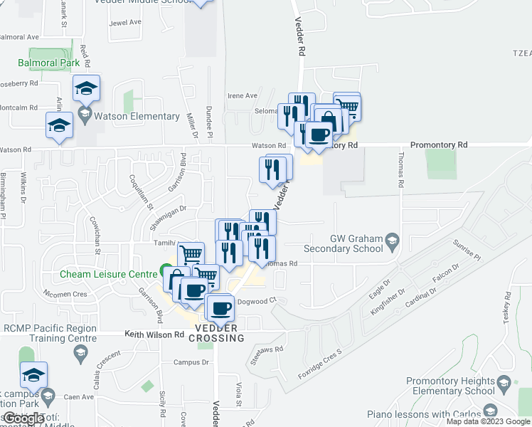 map of restaurants, bars, coffee shops, grocery stores, and more near 5817 Vedder Road in Chilliwack