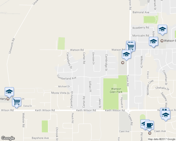 map of restaurants, bars, coffee shops, grocery stores, and more near 5890 Carter Road in Chilliwack