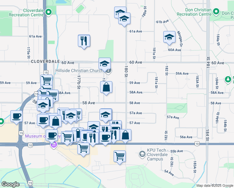 map of restaurants, bars, coffee shops, grocery stores, and more near 5846 179A Street in Surrey