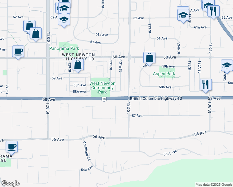 map of restaurants, bars, coffee shops, grocery stores, and more near 13138 58A Avenue in Surrey