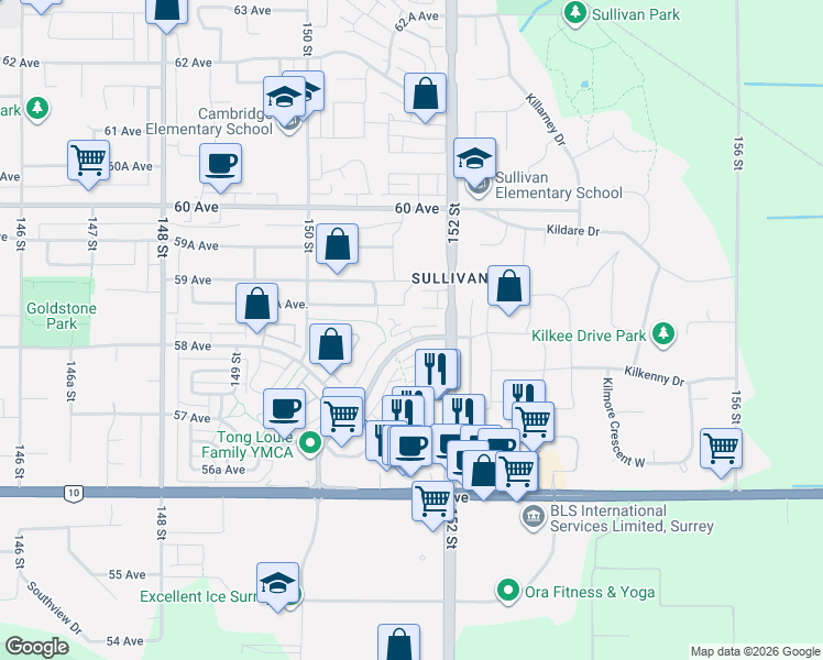 map of restaurants, bars, coffee shops, grocery stores, and more near 5839 Panorama Drive in Surrey