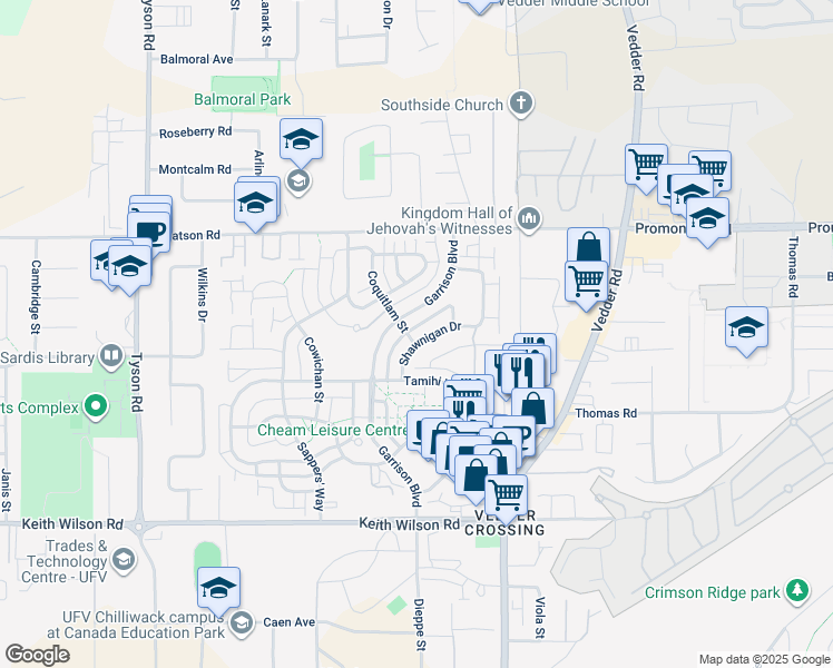 map of restaurants, bars, coffee shops, grocery stores, and more near 5789 Shawnigan Drive in Chilliwack