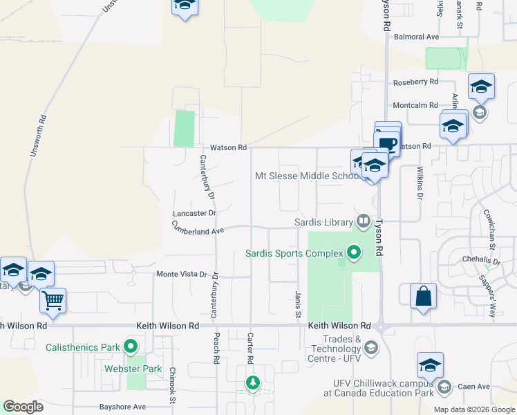 map of restaurants, bars, coffee shops, grocery stores, and more near 5890 Carter Road in Chilliwack