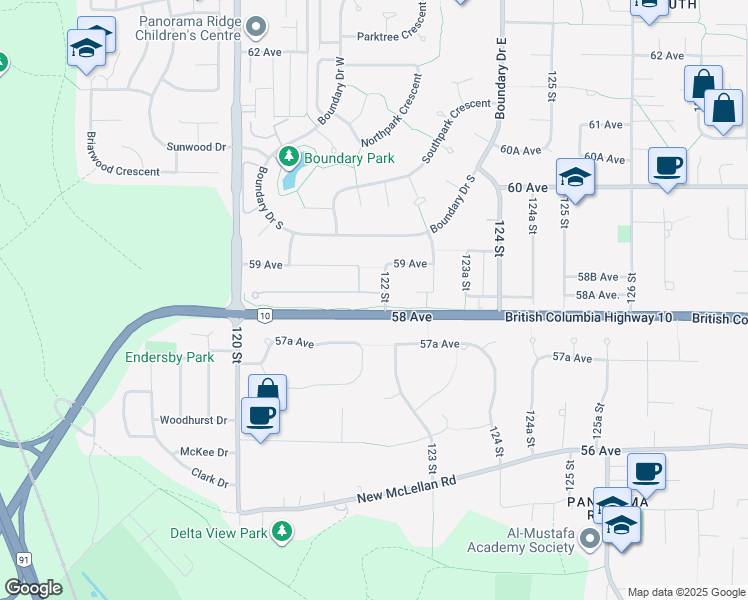 map of restaurants, bars, coffee shops, grocery stores, and more near 5811 122 Street in Surrey