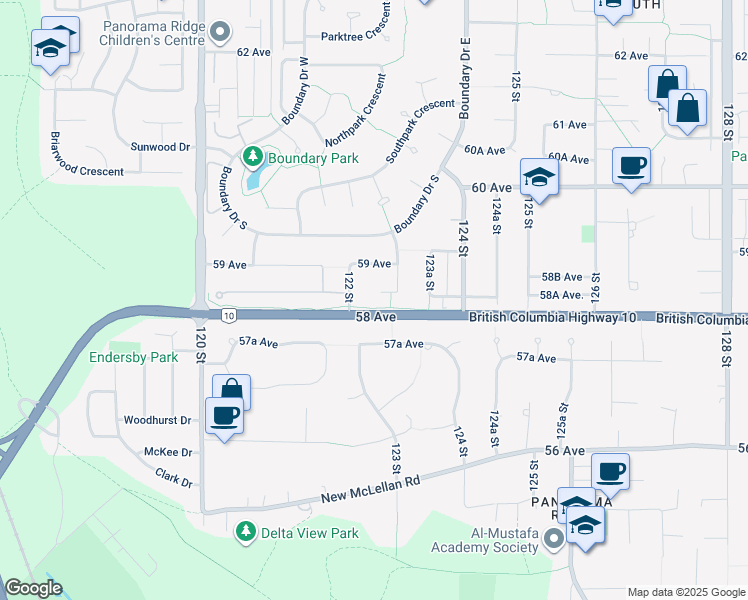 map of restaurants, bars, coffee shops, grocery stores, and more near 12266 58A Avenue in Surrey