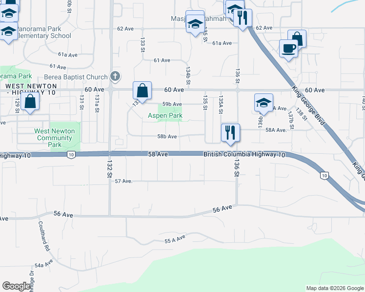 map of restaurants, bars, coffee shops, grocery stores, and more near 5840 134 Street in Surrey