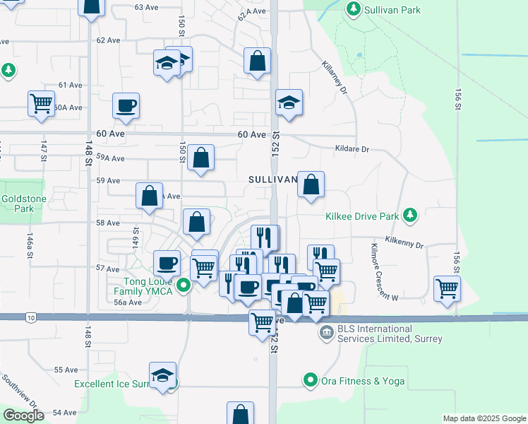 map of restaurants, bars, coffee shops, grocery stores, and more near 5839 Panorama Drive in Surrey