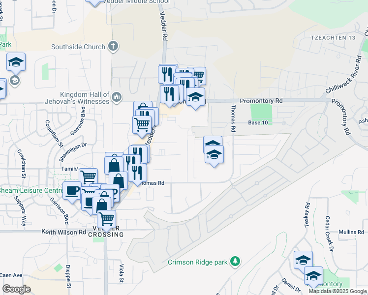 map of restaurants, bars, coffee shops, grocery stores, and more near 5853 Clover Drive in Chilliwack