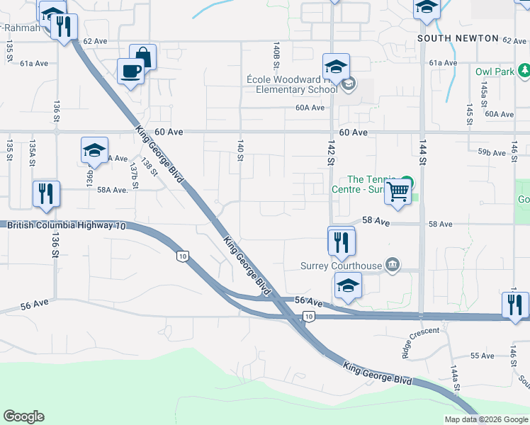 map of restaurants, bars, coffee shops, grocery stores, and more near 5832 140A Place in Surrey