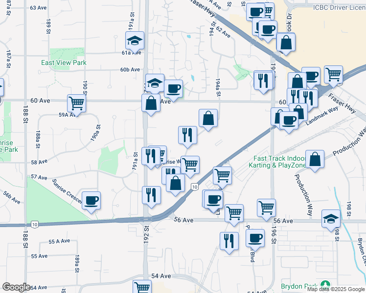 map of restaurants, bars, coffee shops, grocery stores, and more near 19331 Enterprise Way in Surrey